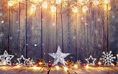 4k, christmas decorations, stars, Happy New Year, wooden background, christmas, xmas, Merry Christmas