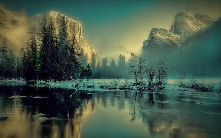 Il Parco Nazionale di Yosemite, mattina, inverno, fiume, California, USA, America