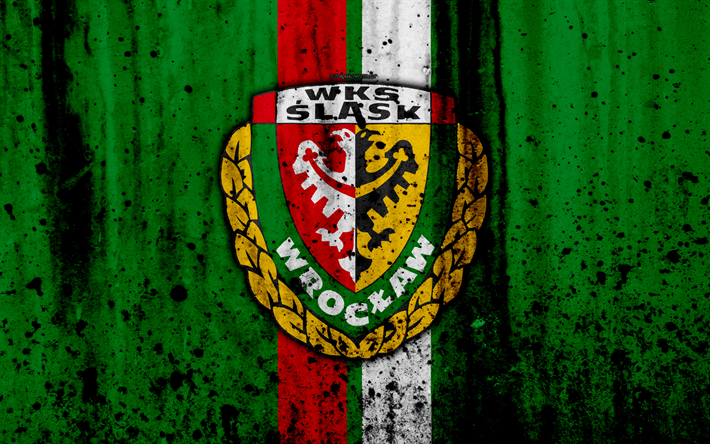 FC Slask Wroclaw, 4k, grunge, Ekstraklasa, logo, club de football, la Pologne, le Slask Wroclaw, le football, l&#39;art, la texture de pierre, Slask Wroclaw FC