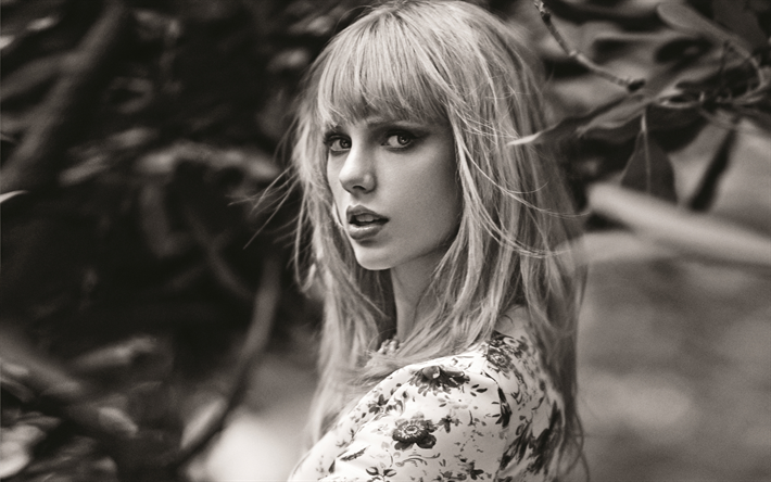 Taylor Swift, siyah beyaz portre, 4k, gen&#231; şarkıcı, G&#252;zel kadın, Amerikalı şarkıcı