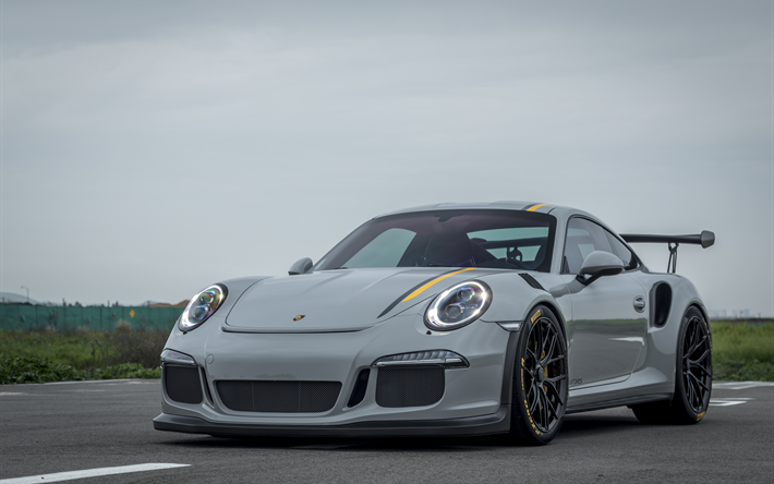 Porsche 911 GT3, 2017, VAG, gray sports coupe, tuning, black wheels, aerodynamic body kit, German sports cars, Porsche