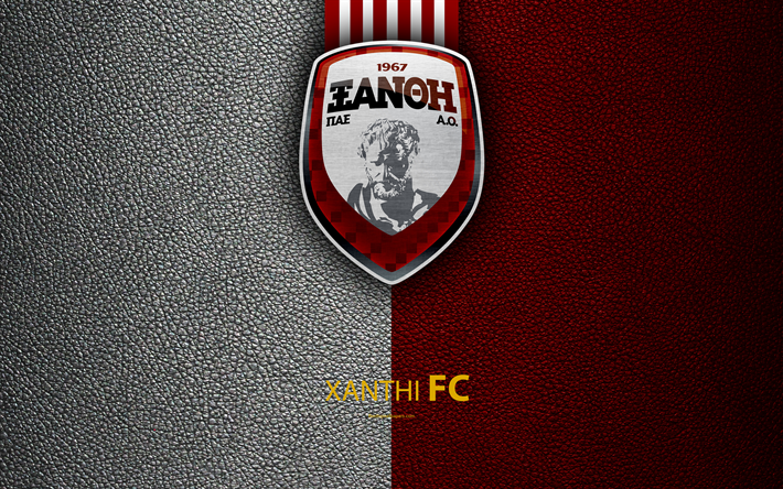 Xanthi FC, 4k, logo, greco Super League, texture in pelle, emblema, Xanthi, Grecia, calcio, club di calcio greco