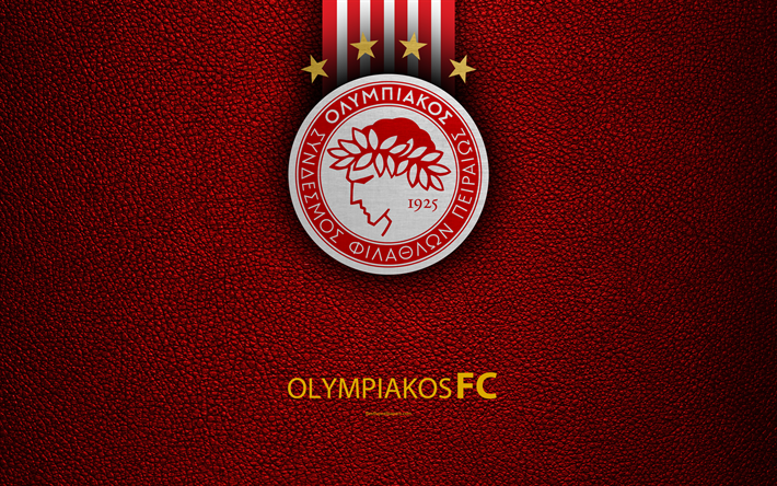 Olympiakos FC, 4k, logo, Greek Super League, leather texture, emblem, Piraeus, Greece, football, Greek football club, Olympiacos Piraeus