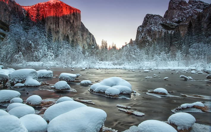 mountain river, winter, snow, forest, rocks, California, United States, Yosemite National Park, Gates of the Valley