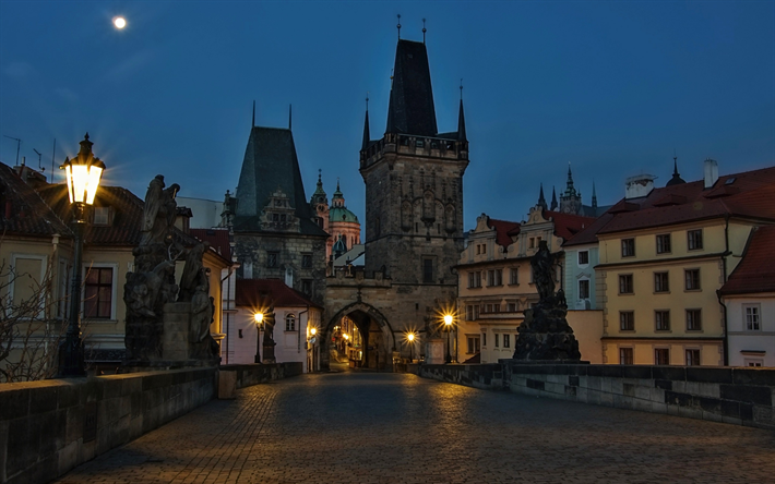 Charles Bridge, Prague, cityscape, old city, city lights, Czech Republic, moon