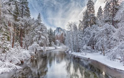 Merced River, winter landscape, forest, winter, snow, river, mountain landscape, Half Dome, Yosemite National Park, Sierra Nevada, California, USA