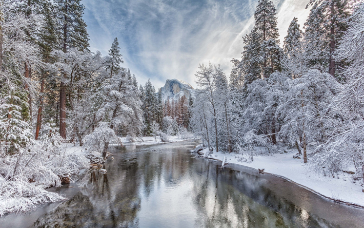 merced fluss, winter, landschaft, wald, schnee, fluss -, berg-landschaft, half dome, yosemite national park, sierra nevada, kalifornien, usa