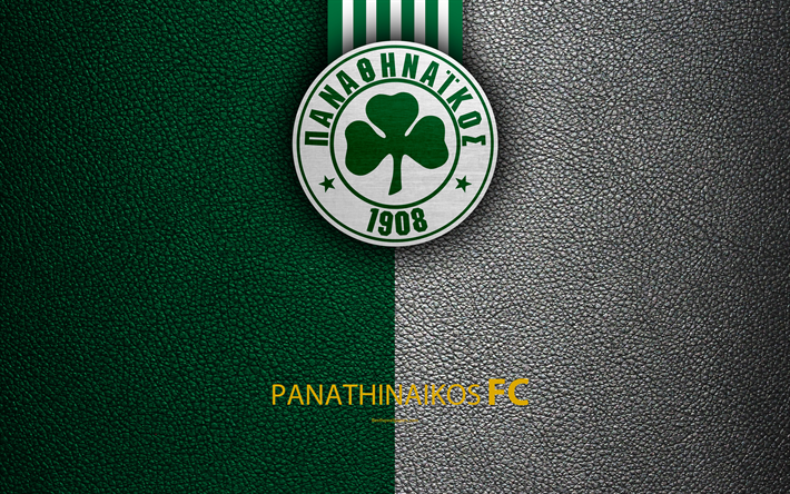 Panathinaikos FC, 4k, logo, Greek Super League, leather texture, emblem, Athens, Greece, football, Greek football club