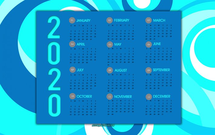 Blu 2020 Calendario, tutti i mesi del 2020, blu, astratto sfondo, 2020 calendario, 2020 concetti