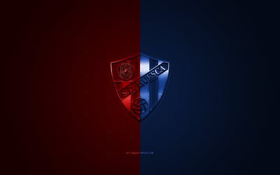 SD Huesca, Spanish football club, La Liga 2, blue red logo, blue red carbon fiber background, football, Huesca, Spain, SD Huesca logo