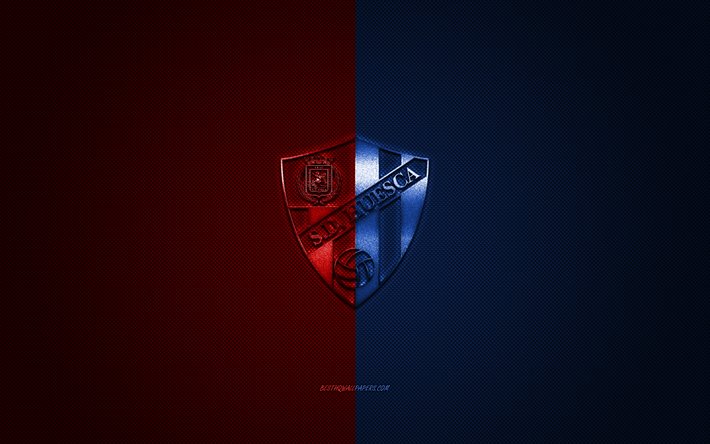 Download wallpapers SD Huesca, Spanish football club, La Liga 2, blue red  logo, blue red carbon fiber background, football, Huesca, Spain, SD Huesca  logo for desktop free. Pictures for desktop free