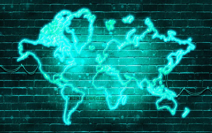 ターコイズブルーのネオンの世界地図, 4k, ターコイズブルー brickwall, 世界のマップのコンセプト, 紫色の世界地図, 世界地図