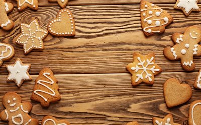 4k, christmas cookies-rahmen, holz-hintergr&#252;nde, frohe weihnachten, neues jahr, dekorationen, kerzen, happy new year, weihnachten dekoration, weihnachten deko, weihnachten frames neujahrskonzerte