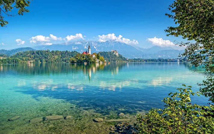 El lago Bled, monta&#241;a, lago, laguna de color turquesa, Bled, paisaje de monta&#241;a, de la iglesia en el medio del lago, Alpes Julianos, la parte Superior de Carniolans, Pokljuka, Eslovenia