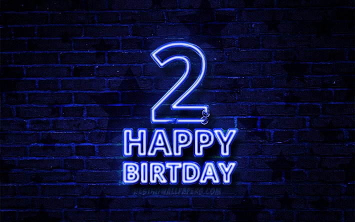 Happy 2 Years Birthday, 4k, blue neon text, 2nd Birthday Party, blue brickwall, Happy 2nd birthday, Birthday concept, Birthday Party, 2nd Birthday