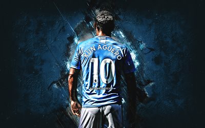 Sergio Aguero, Argentinean soccer player, Manchester City FC, blue stone background, football, Premier League, England