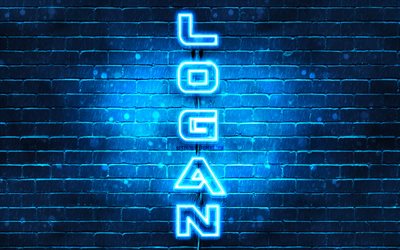 4K, Logan, vertical text, Logan name, wallpapers with names, blue neon lights, picture with Logan name