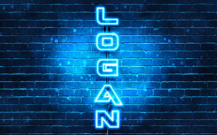 4K, Logan, texto vertical, Logan nome, pap&#233;is de parede com os nomes de, luzes de neon azuis, quadro com Logan nome