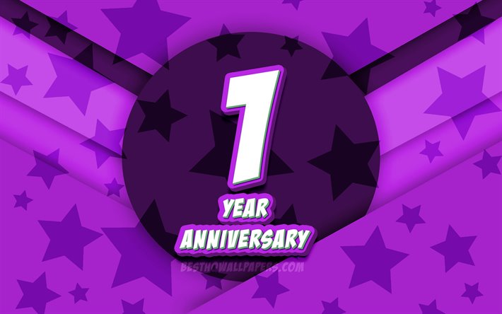 4k, 1st anniversary, comic 3D letters, blue stars background, 1st anniversary sign, 1 Year Anniversary, artwork, Anniversary concept