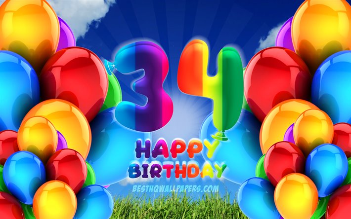 4k, 嬉しい34歳の誕生日, 曇天の背景, 誕生パーティー, カラフルなballons, 作品, 34歳の誕生日, 誕生日プ, 第34回誕生パーティー