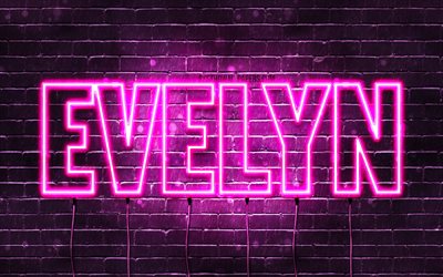 Evelyn, 4k, wallpapers with names, female names, Evelyn name, purple neon lights, horizontal text, picture with Evelyn name