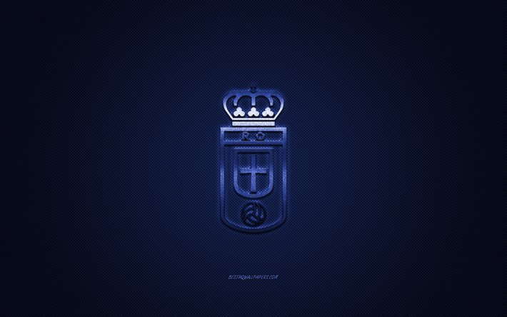 Real Oviedo, Spansk fotbollsklubb, League 2, bl&#229; logo, bl&#229; kolfiber bakgrund, fotboll, Oviedo, Spanien, Real Oviedo logotyp