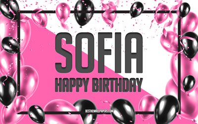 お誕生日おめでソフィア, お誕生日の風船の背景, ソフィア, 壁紙名, ピンク色の風船をお誕生の背景, ご挨拶カード, ソフィアの誕生日