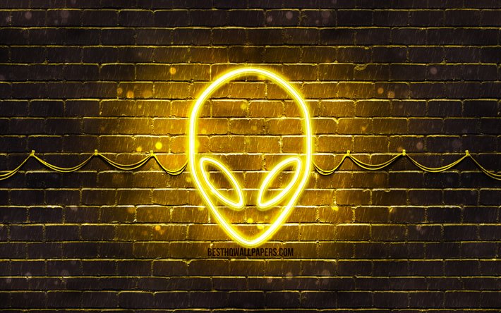 Alienware logo jaune, 4k, jaune brickwall, Alienware logo, marques, Alienware n&#233;on logo Alienware