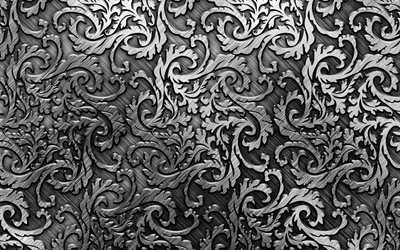 4k, floral metal patterns, metal tracery textures, silver metal pattern, metallic floral pattern, metal background, metal patterns, macro, silver backgrounds