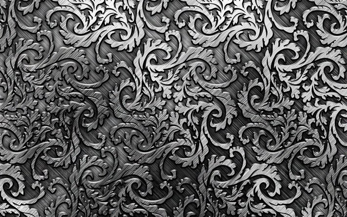 4k, floral patrones de metal, de metal tracer&#237;a texturas, metal de plata patr&#243;n met&#225;lico, dise&#241;o floral, metal de fondo, patrones de metal, macro, plata fondos