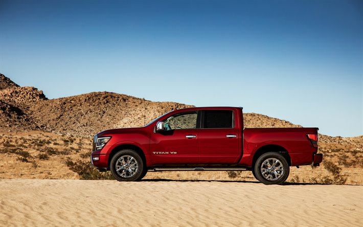 Nissan Titan, 2020, side view, red pickup truck, new red Titan, exterior, japanese cars, Nissan