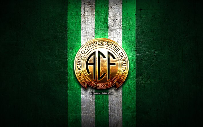 Chapecoense FC, golden logo, Serie A, green metal background, football, Chapecoense SC, brazilian football club, Chapecoense logo, soccer, Brazil