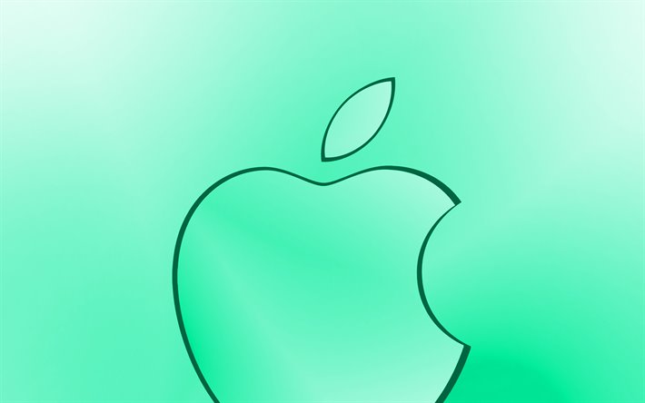 Ma&#231;&#227; azul-turquesa logotipo, criativo, turquesa fundo desfocado, o m&#237;nimo de, Log&#243;tipo da Apple, obras de arte, Apple