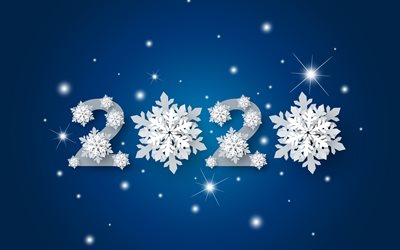 2020 background with snowflakes, Happy New Year 2020, Blue 2020 background, 2020 concepts, snowflakes