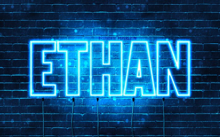 Ethan, 4k, les papiers peints avec les noms, le texte horizontal, Ethan nom, bleu n&#233;on, photo avec Ethan nom