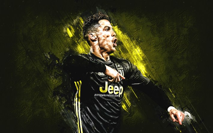 Cristiano Ronaldo, le portrait, le joueur de football portugais, CR7, noir uniforme de la Juventus, Serie A, l&#39;Italie, la Juventus FC, football