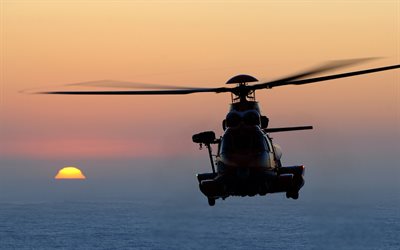 Eurocopter EC225 Super Puma, Airbus Elicotteri H225, elicottero da trasporto, tramonto, elicottero in cielo, moderno, elicotteri, elicottero di salvataggio