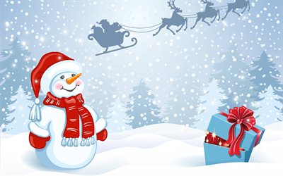 snowman, christmas decorations, winter, xmas backgrounds, christmas concepts, happy new year, xmas decorations, background with snowman