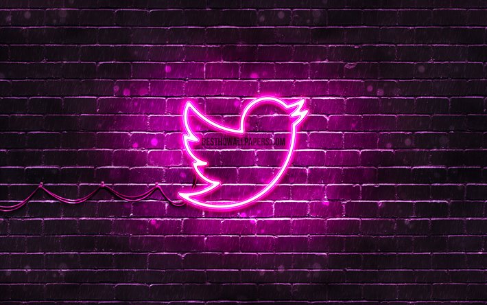 Twitter viola logo, 4k, viola brickwall, Twitter, logo, marchi, Twitter neon logo