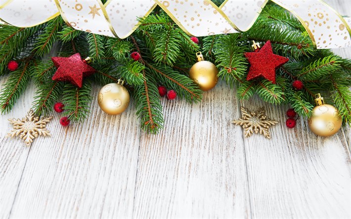 Christmas tree branches, Golden christmas balls, Christmas silk ribbon, Happy New Year, Merry Christmas