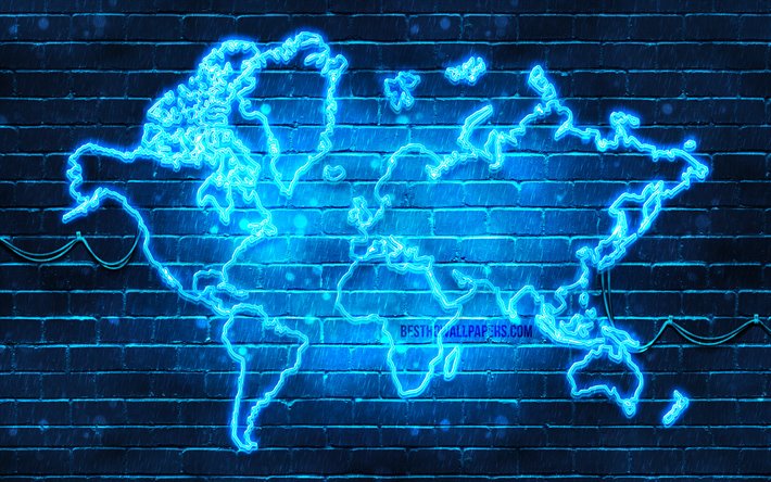 青色のネオンの世界地図, 4k, 青brickwall, 世界のマップのコンセプト, 青の世界地図, 世界地図