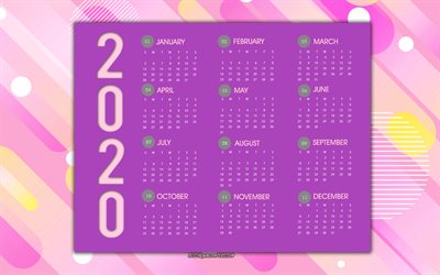 Purple abstract 2020 calendar, 2020 concepts, 2020 calendar, 2020 all months, creative art