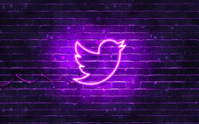 تويتر الشعار البنفسجي, 4k, البنفسجي brickwall, شعار تويتر, العلامات التجارية, تويتر النيون شعار, تويتر