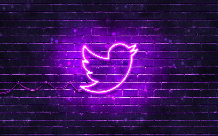 Twitter紫ロゴ, 4k, 紫brickwall, Twitterロゴ, ブランド, Twitterネオンのロゴ, Twitter
