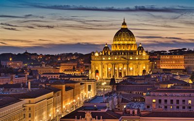 Rome, St Peters Basilica, Vatican, Italian Renaissance church, evening, landmark, Rome cityscape, Italy