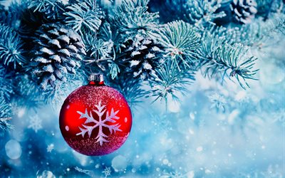Rojo navidad de la bola, 4k, Feliz A&#241;o Nuevo, Feliz Navidad, invierno, Navidad Conceptos, bolas de navidad, decoraciones de Navidad