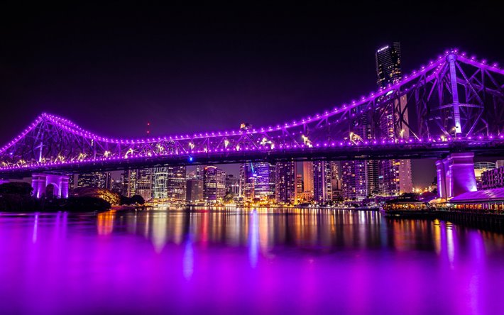 Brisbane, Story Bridge, Brisbane River, night, purple bridge lighting, Brisbane cityscape, skyscrapers, Australia