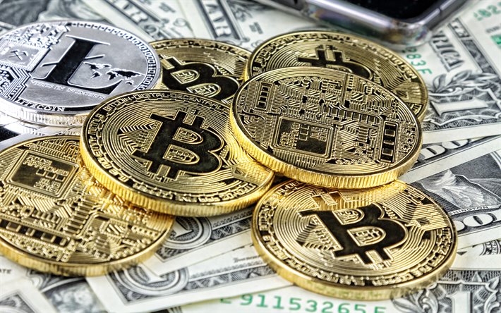 Bitcoin, BTC, monete d&#39;Oro, d&#39;oro di segni, americano, dollari, moneta elettronica, finanza concetti, BTC monete