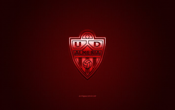 2 UD Almeria, İspanyol Futbol Kul&#252;b&#252;, UEFA Şampiyonlar Ligi, kırmızı logo, kırmızı karbon fiber arka plan, futbol, Almeria, İspanya, UD Almeria logosu