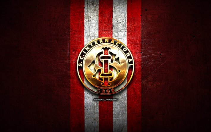 Internacional FC, golden logo, Serie A, red metal background, football, SC Internacional, brazilian football club, Internacional FC logo, soccer, Brazil